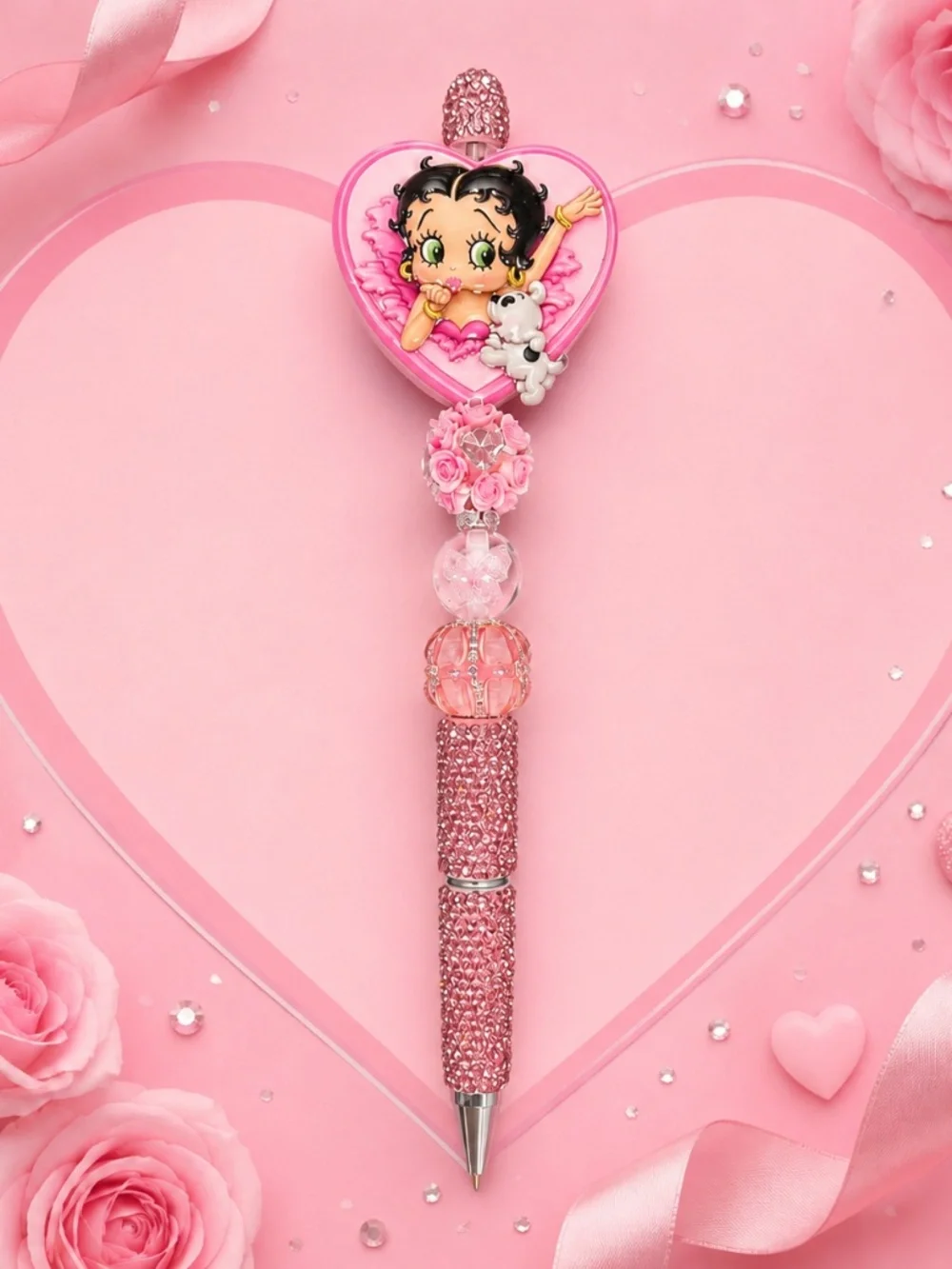 Pink Acrylic Heart Cartoon Decorative Beaded Pen